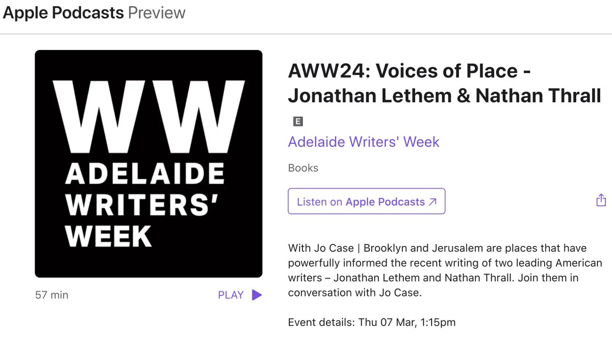 Greatly enjoyed this conversation with Jonathan Lethem at @adelwritersweek, moderated by the lovely @jocaseau. Podcasts of this and other @adelwritersweek events are now available here: Apple: podcasts.apple.com/au/podcast/aww… Spotify: podcasters.spotify.com/pod/show/adela…