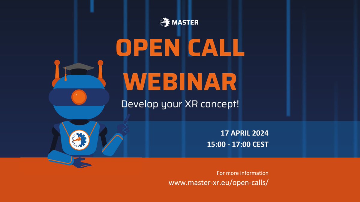 Just one more week until our Open Call webinar! 💫 Join us to develop your XR concept under MASTER Open Call and integrate your XR technology in the MASTER platform and test it with a wide range of end-users. Find out more and register 👉 master-xr.eu/webinar-open-c…
