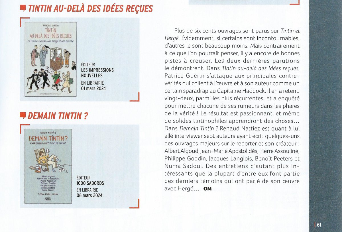 Mon livre '#Tintin au-delà des idées reçues' et son frère jumeau 'Demain Tintin ?' de Renaud Nattiez figurent dans la sélection 'Autour de la #BD' du magazine 'Canal BD' n° 154, daté d'avril-mai 2024. #livre #Hergé @Totom6892