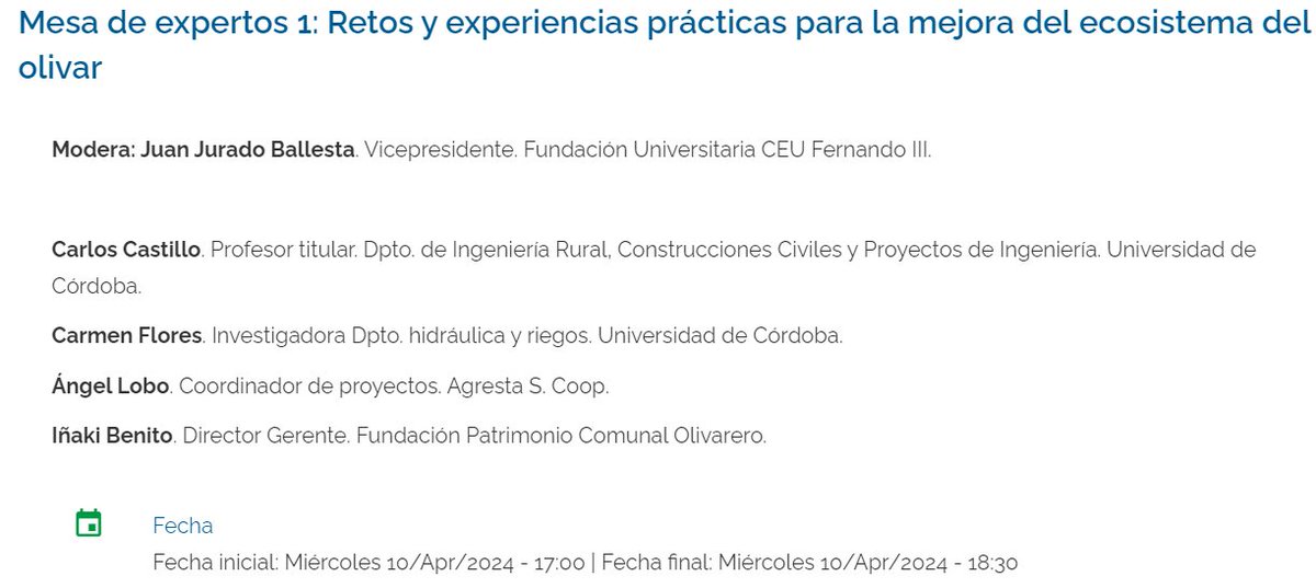 Nuestro compañero <a href="/alobosan/">Angel Lobo</a> participa en la Mesa de expertos 1: Retos y experiencias prácticas para la mejora del ecosistema del olivar

👉Su ponencia tratará sobre la restauración del olivar en lo referente a los problemas de erosión y el caso de <a href="/soil_protect/">Soilprotect</a>