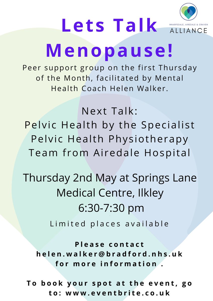 The May monthly Menopause event at Springs Medical Centre, Ilkley will feature a talk from the Pelvic Health Physiotherapy Team @AiredaleNHSFT Places are now available to book at eventbrite.com/e/good-pelvic-… #menopause #pelvicflooor