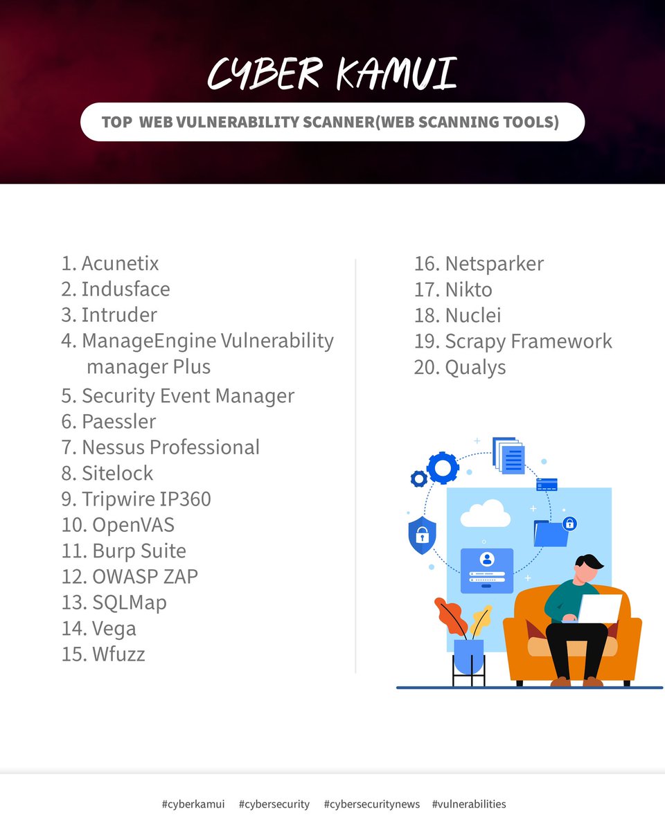 20 Best Web vulnerability scanners. Be familiar with 🫡🥂

#cyberawareness #cyberkamui #cybersecurity #cyber #webapplicationsecurity #webdevelopment #cybereducation