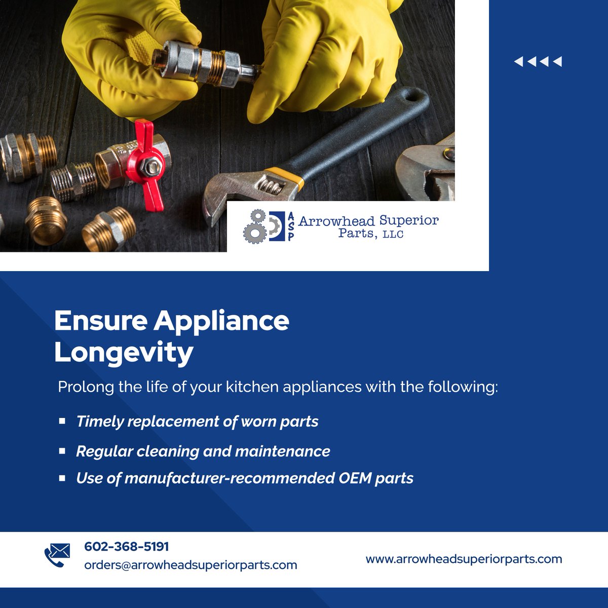 Protect your investment and keep your kitchen appliances running longer. Quality parts mean fewer worries and more cooking. 

#PeoriaAZ #OEMPartsProvider #ApplianceCare #Maintenance #Longevity #KitchenTips #ProfessionalKitchen #FoodPrep