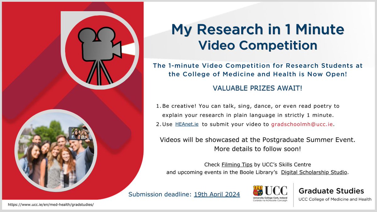 Graduate Studies @UCCMedHealth is inviting submissions from research students to showcase their research in one minute using video. Closing date Friday 19th April @UCCResearch #UCCFutures More information: ucc.ie/en/med-health/…