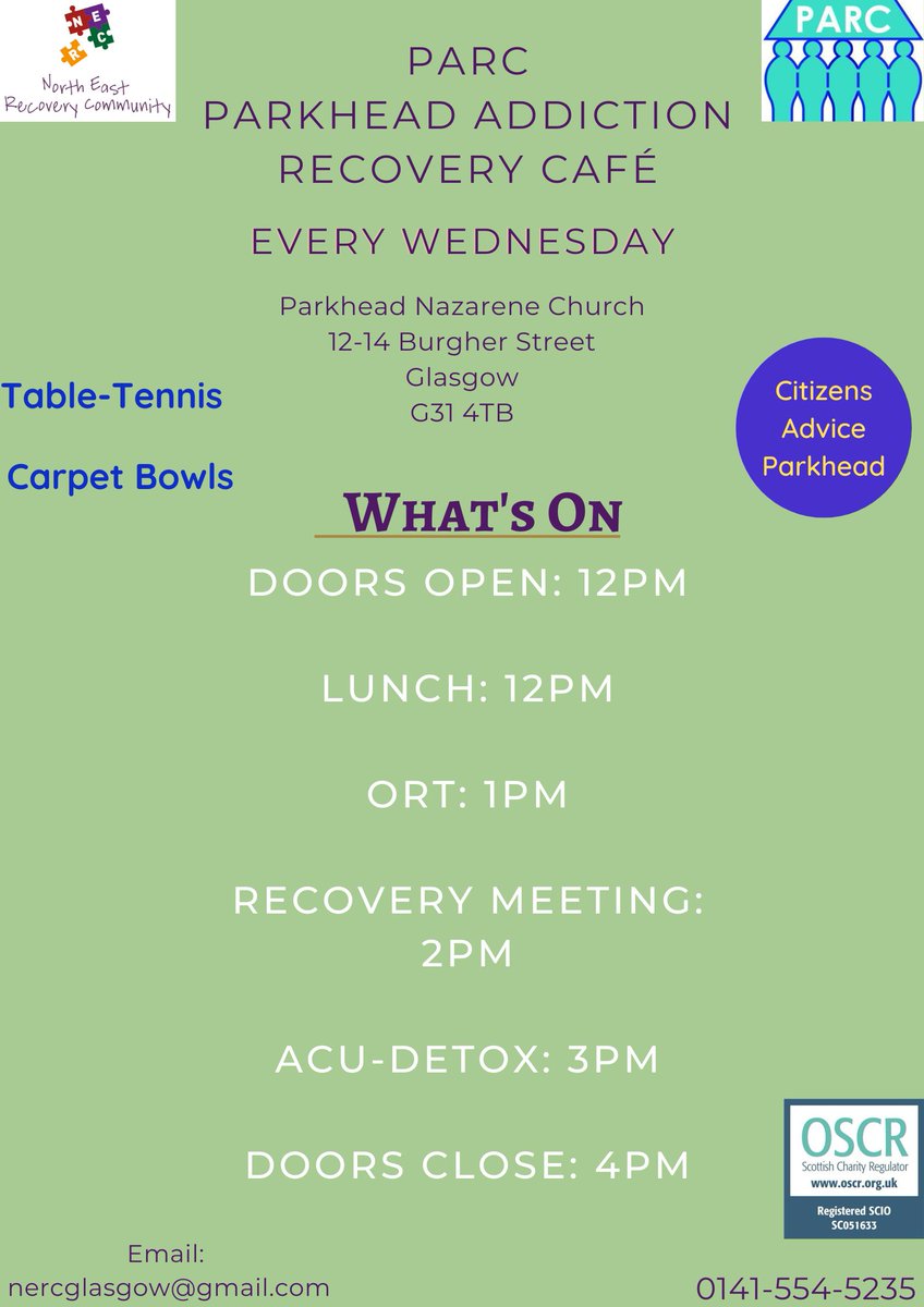 PARC Recovery Café is open today from 12-4pm. Join us for lunch, an ORT meeting, a recovery meeting and acudetox. @ParkheadCAB will also be available