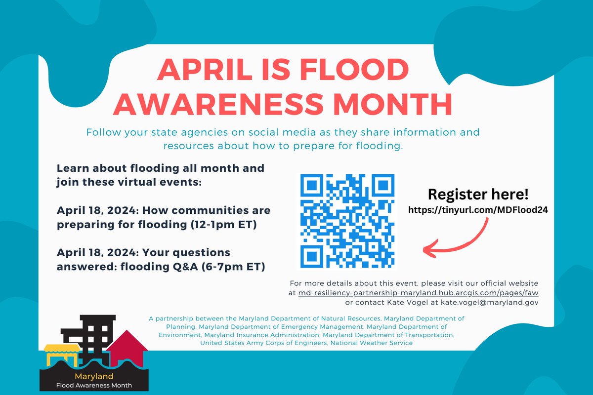April is Flood Awareness month! Join Maryland’s state agencies to learn how to be #FloodAwareMD. Register for our two virtual events at the QR code attached or use this link: ow.ly/TNq750R3fQz #MDFlooding