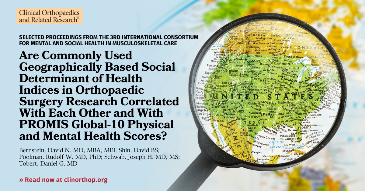After comparing three geographically-based SDoH indices, Bernstein et al. recommend using the Area Deprivation Index for orthopaedic surgery in the U.S. because it demonstrated the strongest associated with PROMIS scores. Read in #CORR #orthoTwitter ow.ly/qQKZ50RbMV3