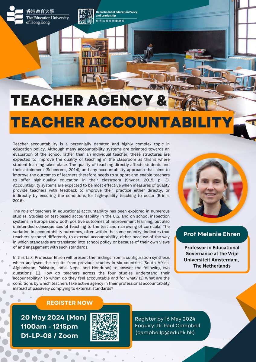 Looking forward to hosting Melanie Ehren from @VUamsterdam at @EPL_EdUHK as part of the @FEHD_EdUHK targeted research exchange scheme in May. During Melanie’s time here, she will be giving a talk open to all. For more info see below ⬇️ #TeacherAgency #Accountability