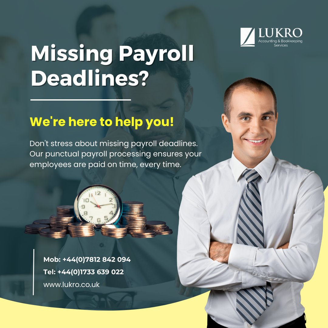 Don't stress about missing payroll deadlines. Our punctual payroll processing ensures your employees are paid on time, every time. 
lukro.co.uk/payroll/ 

#PayrollServices #Payroll #payrollexpert #payrollhelp #payrollspecialist