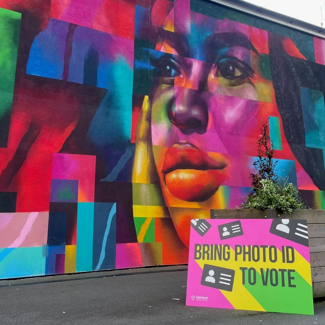 🤩 Have you spotted this vibrant piece of art in our town centre? While you're admiring the artwork, here's a friendly reminder: the local elections are on 2 May and you need to bring valid photo ID to vote. More on accepted photo ID: swindon.gov.uk/voterid #SwindonVotes