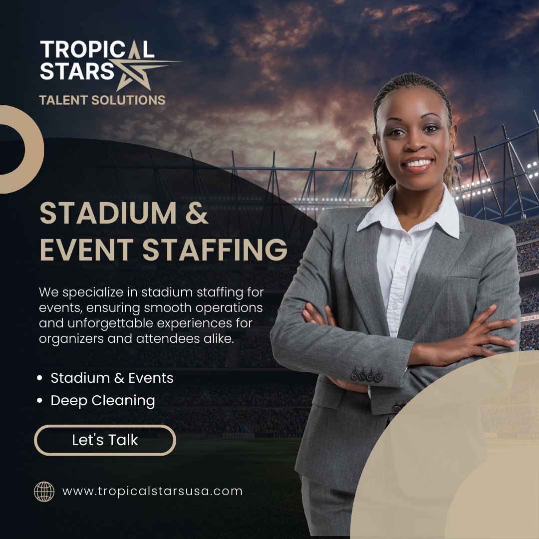From kickoff to encore, our stadium staffing solutions ensure every event runs like clockwork. Experience seamless operations with Tropical Stars Talent Solutions: tropicalstarsusa.com/services/

#tropicalstalentsolutions #hospitalityservices #hospitalityindustry #hospitalitycareers