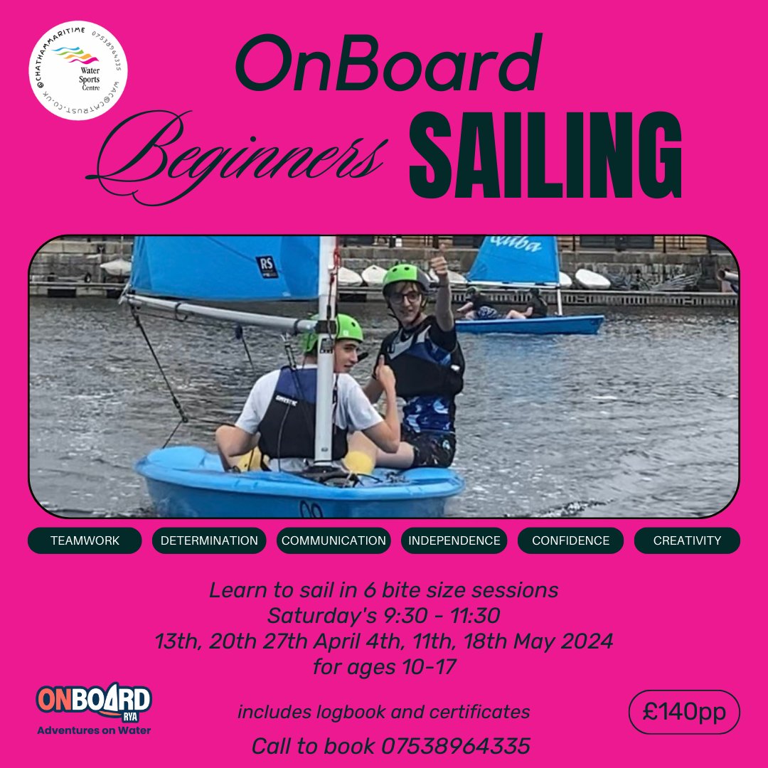 CMTWatersports's tweet image. Our "Get your Child OnBoard in 2024" starts this Saturday – a fantastic opportunity for ages 10-17 to learn to sail in 6 weekly bite-size sessions. Book today and let the adventures begin!

#Watersports #SailingAdventure #ChathamMaritime #WhatsOnInChatham