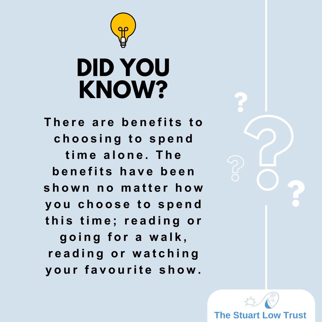 Research has shown the benefits of spending time alone. Find out more: buff.ly/3PPsfRS.   #interestingfacts #wellbeing #mentalhealth #MentalWellness #WellnessJourney #HealthyMind #MentalWellbeing #EmotionalWellness #TheStuartLowTrust