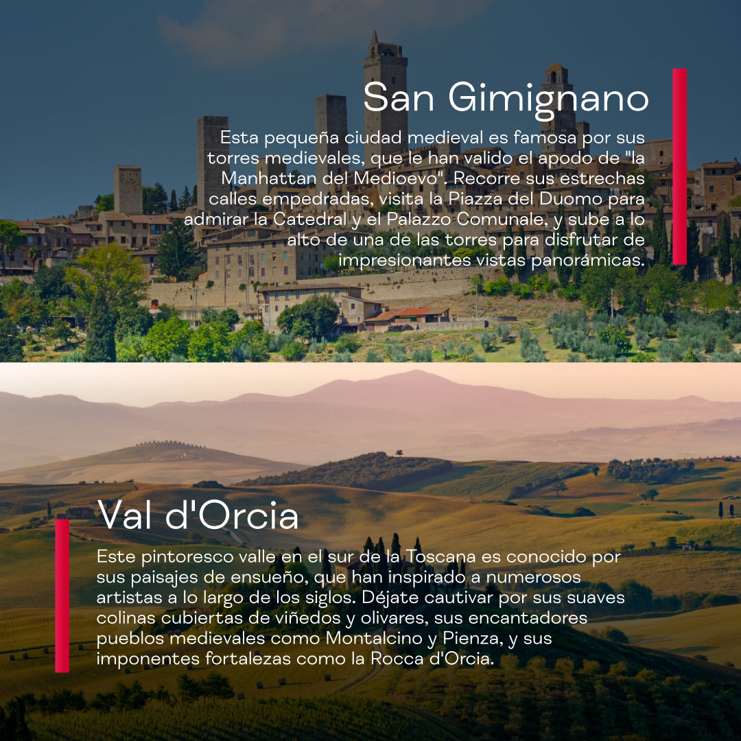 🇮🇹 #DestinoFITUR: La Toscana

➡️ Desde las majestuosas ciudades renacentistas como Florencia y Siena hasta los encantadores pueblos medievales y los paisajes de colinas cubiertas de viñedos y olivares, cada momento en esta región italiana es una experiencia única. 

 <a href="/Italia/">Italia.it</a>