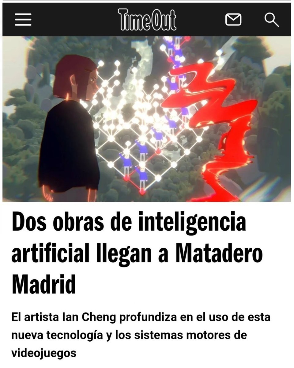 📰En @TimeOutMAD destacan las obras de Ian Cheng que forman parte del ciclo expositivo 'Imaginarios Sintéticos' de @medialabMM y que exploran nuestra comprensión sobre la AI. Os animamos a visitarlas gratuitamente en la Nave 0 de #MataderoMadrid👇 timeout.es/madrid/es/noti…