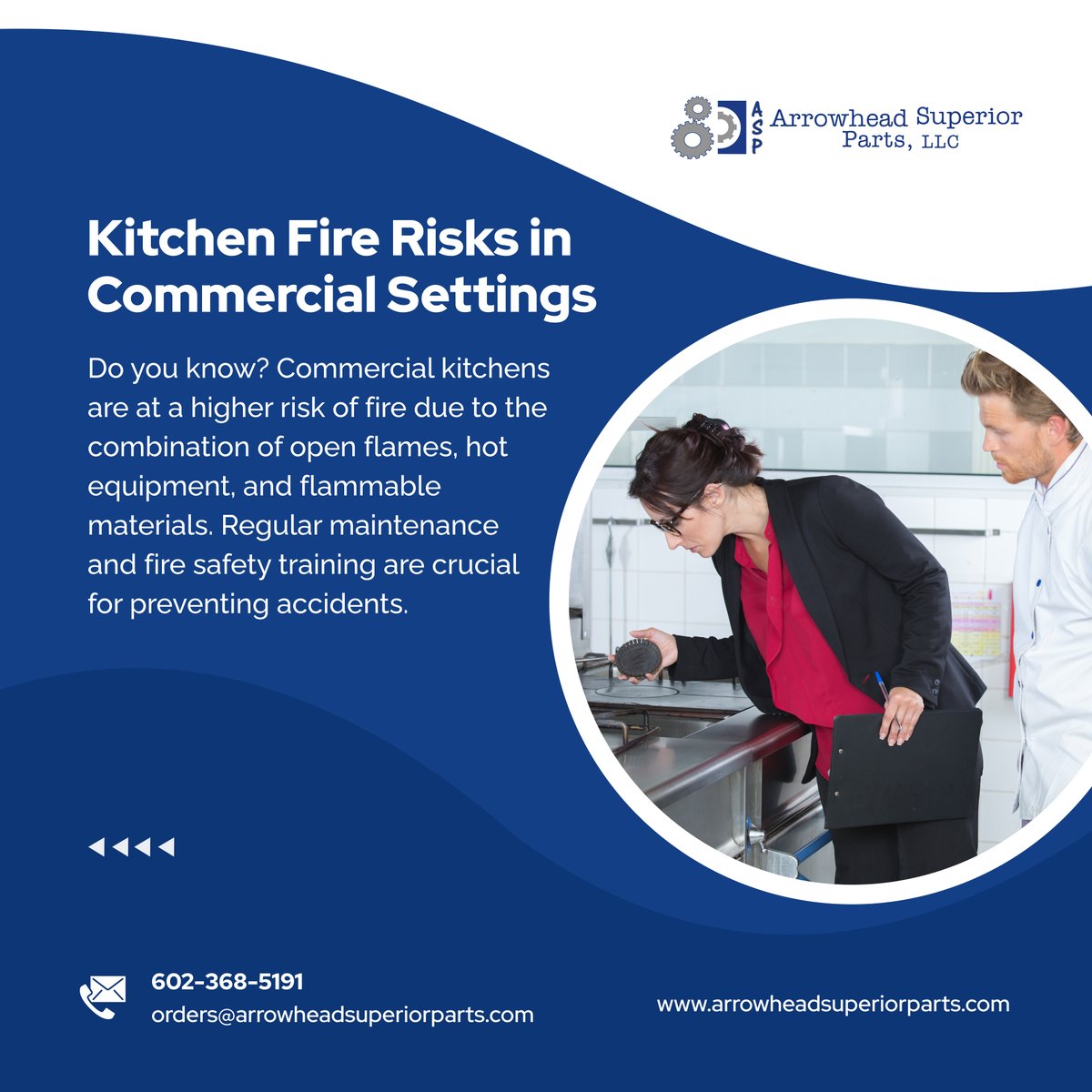Learn about the fire risks in commercial kitchens and how Arrowhead Superior Parts LLC can help you mitigate them with quality OEM parts and safety solutions. 

#CommercialKitchenSafety #FirePrevention #PeoriaAZ #OEMPartsProvider #CommercialKitchens #FireSafety