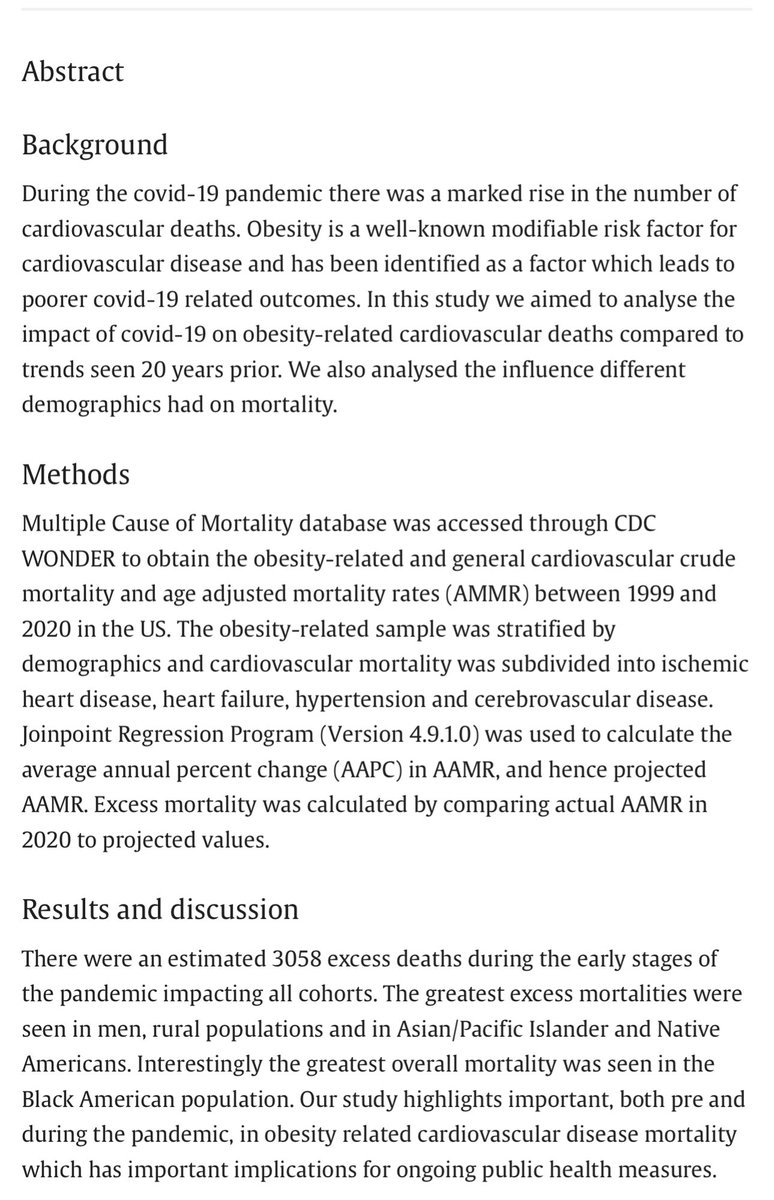 Has the first year of the COVID pandemic impacted the trends in obesity related CV mortality? ➡️ sciencedirect.com/science/articl… Congratulations to Afifa Qamar, a brilliant FY doctor (intern) for her first publication. Her dad is an excellent cardiac surgeon in my unit- his daughter…