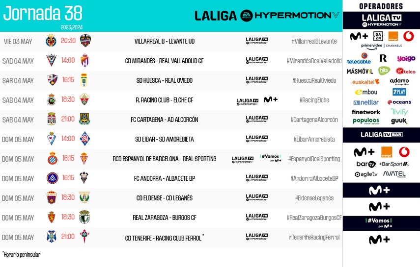 HORARIOS | Estos son los horarios para los partidos de la jornada 38 en #LALIGAHYPERMOTION. 👉 laliga.sh/Ayz6Xd