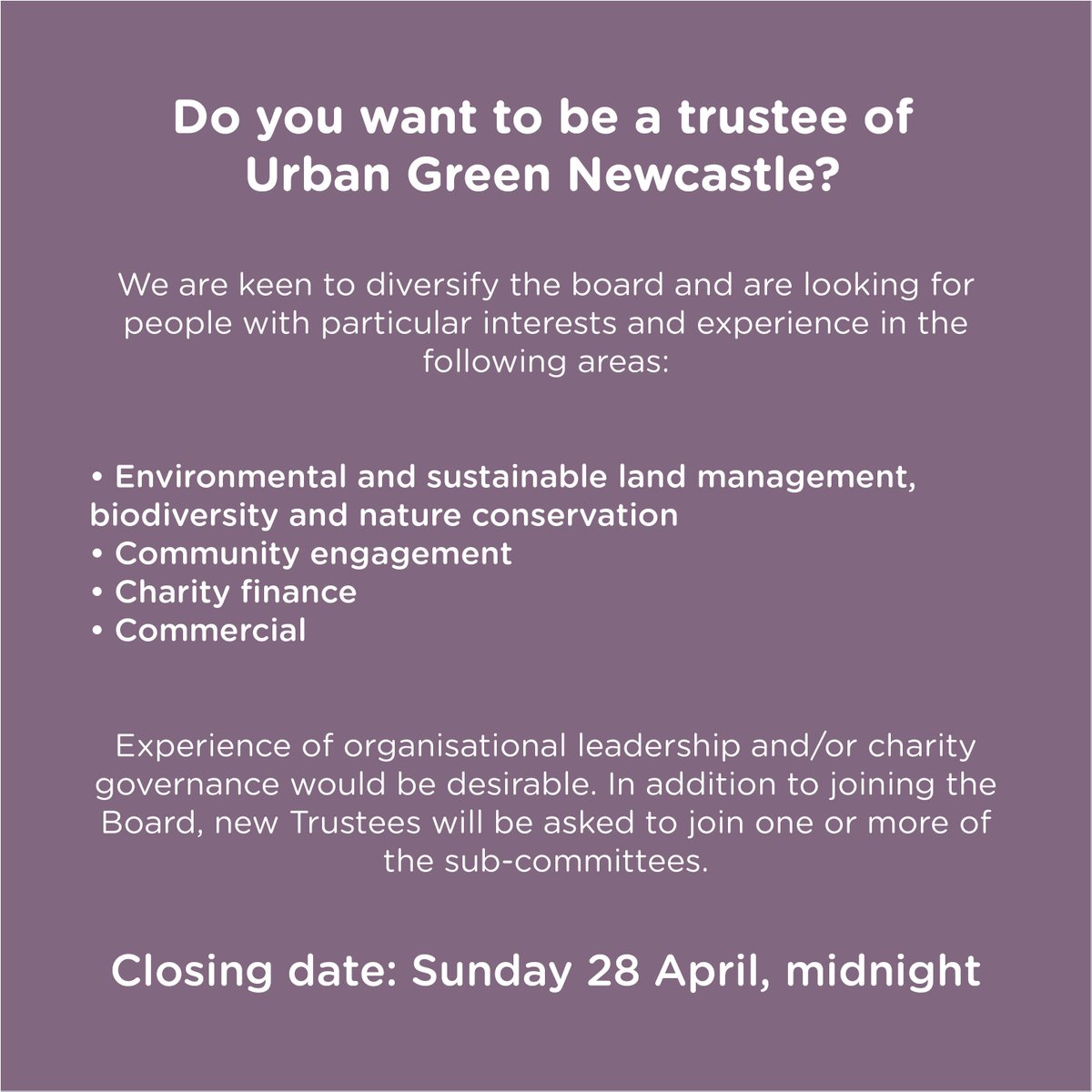 We're looking for three new trustees to join the board here at Urban Green Newcastle. Do you want to become part of an innovative movement to secure the future of parks, allotments and green spaces in Newcastle upon Tyne? Find out more and apply here: urbangreennewcastle.org/about-us/join-…