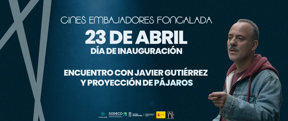 ¡El 23 de abril abrimos🥳🥳! ¡Para la inauguración nos acompañarán Javier Gutiérrez y José Luis Cienfuegos en la que veremos la película Pájaros 🦉! ¡El cine Embajadores Foncalada vuelve a iluminar el centro de Uviéu!

#cinesembajadoresfoncalada