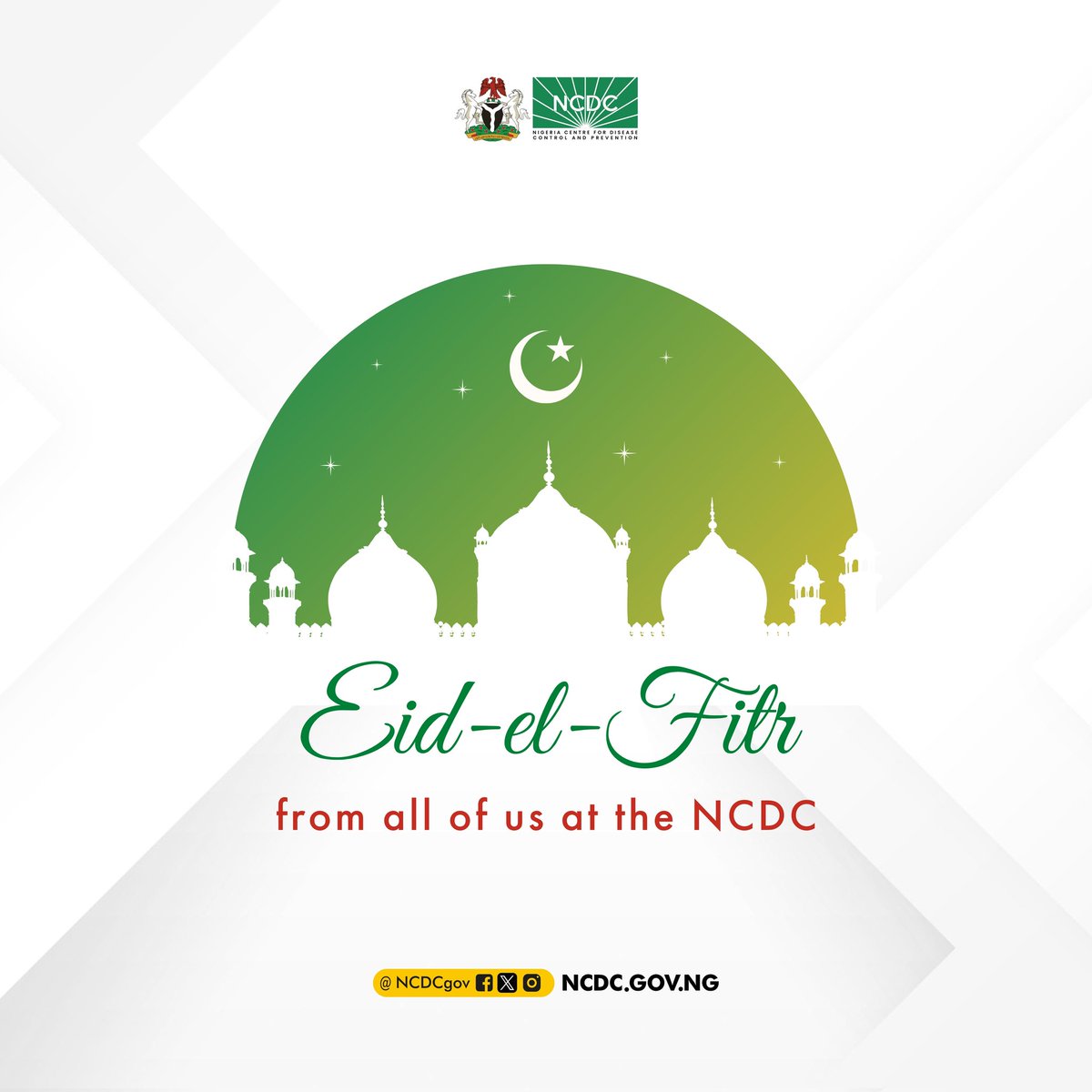 #EidMubarak to all Muslim faithful. May this season fill your homes, community and the whole of #Nigeria with overwhelming peace and good health. #StaySafe and healthy as you #CelebrateResponsibly #EidAlFitr from us at @NCDCgov