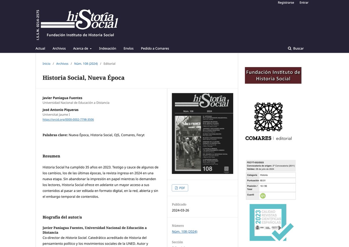 Merece la pena leer el editorial del último número de la prestigiosa revista Historia Social y su reciente alianza con @comareseditor. El futuro de las mejores revistas científicas españolas en Humanidades y Ciencias Sociales pasa por su profesionalización bit.ly/3Ucr2Xq