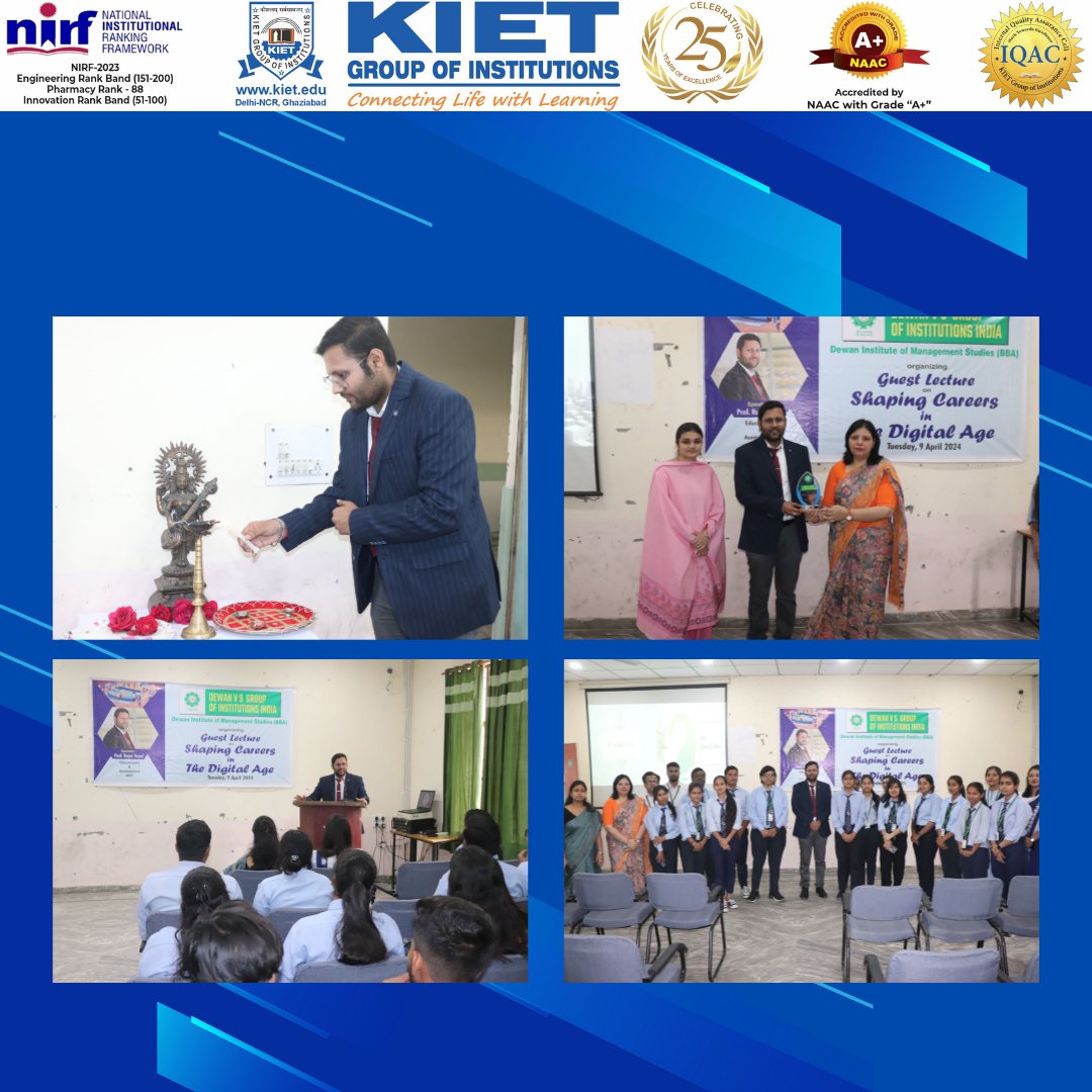 Congratulations to Prof. Rajat Tayal who was invited as a guest speaker at the prestigious Dewan Institute of Management Studies, Meerut!

#kiet_group_of_institutions #KIETGZB #KIET #AKTU #AICTE #Congratulations #SuccessStory #DigitalAge #CareerDevelopment #KIETSchoolofManagement