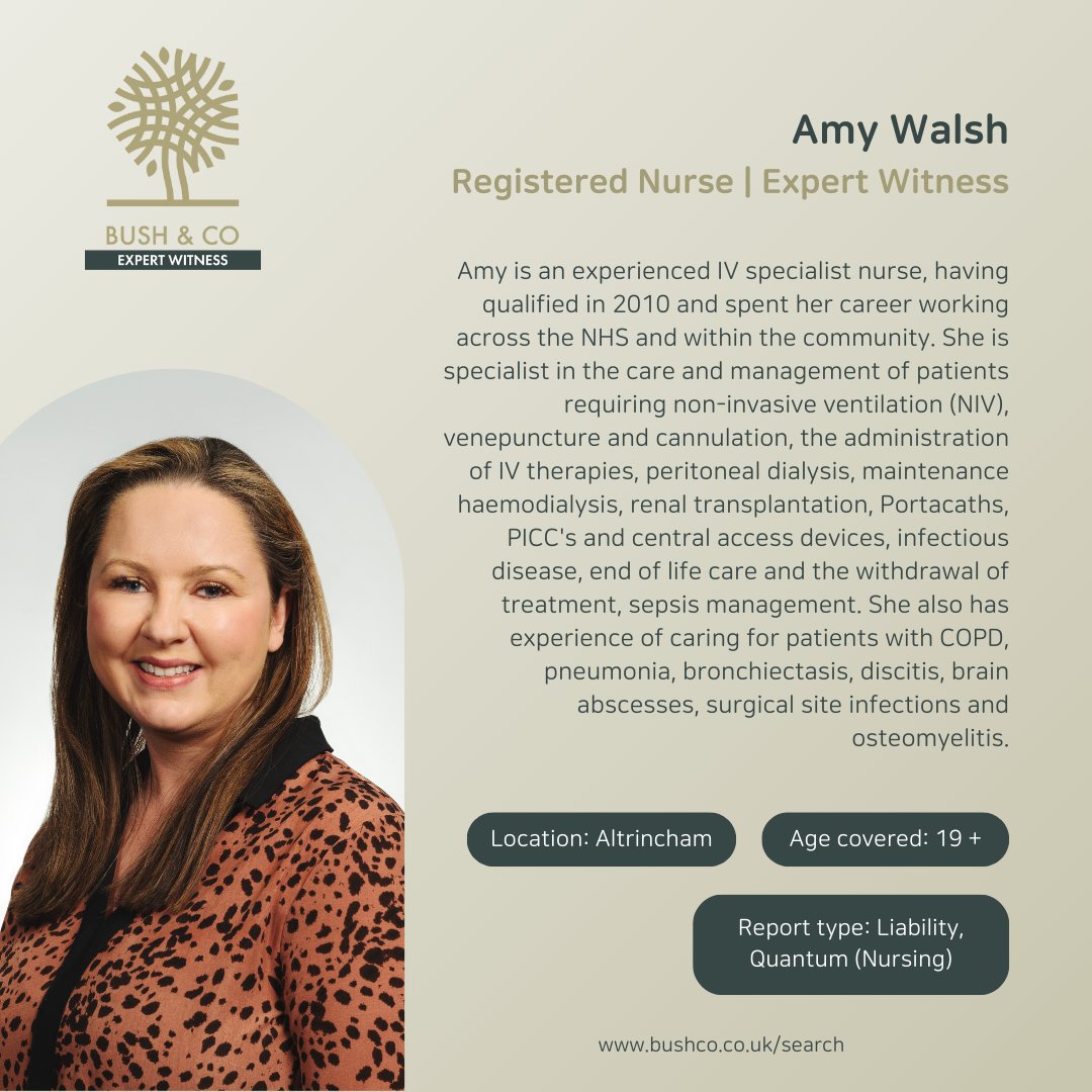 Meet Amy Walsh, specialist IV Nurse with expertise in cannulation, complex care, palliative care, renal, respiratory, sepsis and more. Amy joins our expert witness network, undertaking #liability and #quantum nursing reports. View her profile online: eu1.hubs.ly/H08vD6w0