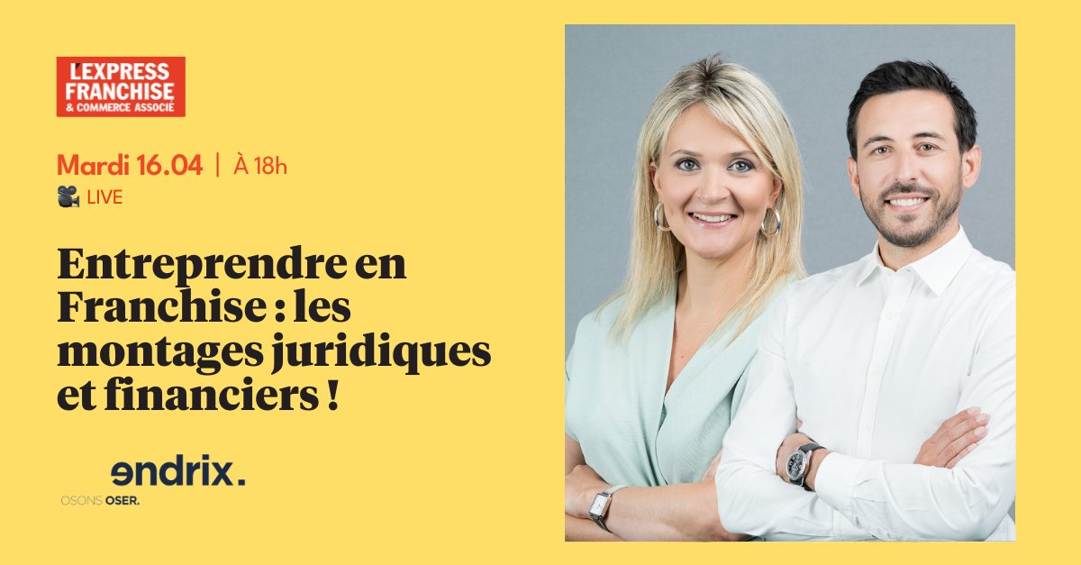 🎥 [LIVE] Entreprendre en Franchise : zoom sur les montages juridiques et financiers !

🎤 Animé par <a href="/EndrixOsonsOser/">Endrix</a> cabinet d'expertise comptable
📆 Mardi 16 Avril à 18h 
🧑‍💻 Inscription ici : tinyurl.com/y9jbcdhd

#Webinaire #Franchise #Franchisé #Comptabilité
