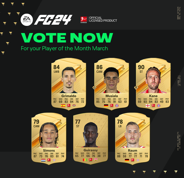 The nominees are in.

Have your say for March's <a href="/Bundesliga_EN/">Bundesliga English</a> Player of the Month: bundesligapotm.easports.com

#FC24