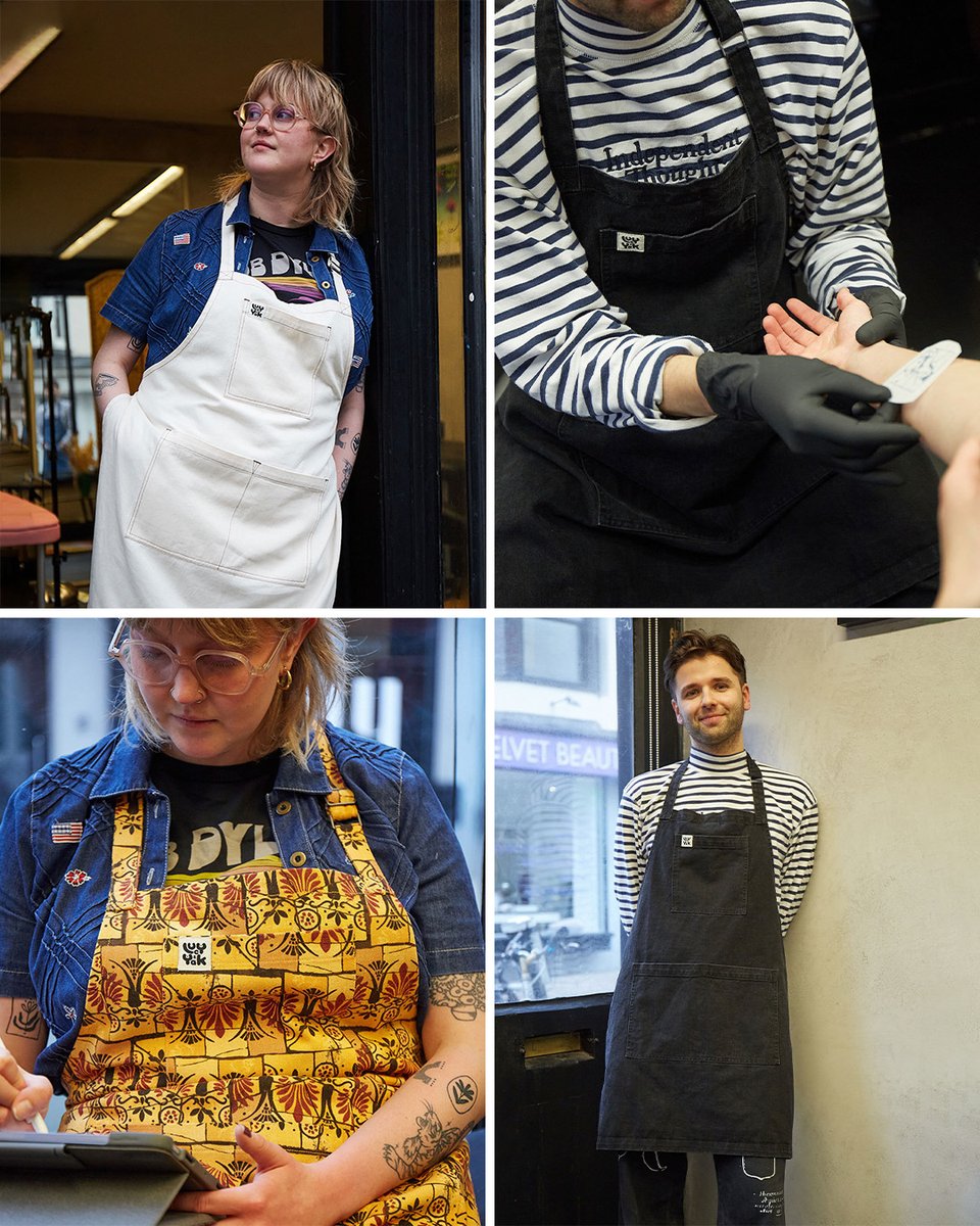Fancy looking as good as the team at Nice People Tattoo? (We don't blame you) 💗 ICYMI, we offer an exclusive Indie Biz Discount on our Ada Aprons for all those apron-wearing businesses out there. Shop now📍bit.ly/Indie_Biz_Disc… #LucyandYak #InMyYaks #dungarees #overalls