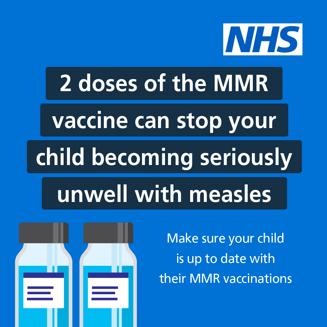 Measles cases are rising across England. 2 doses of the MMR vaccine provide the best protection against measles, mumps and rubella. For more information and how to book ➡️ nhs.uk/MMR