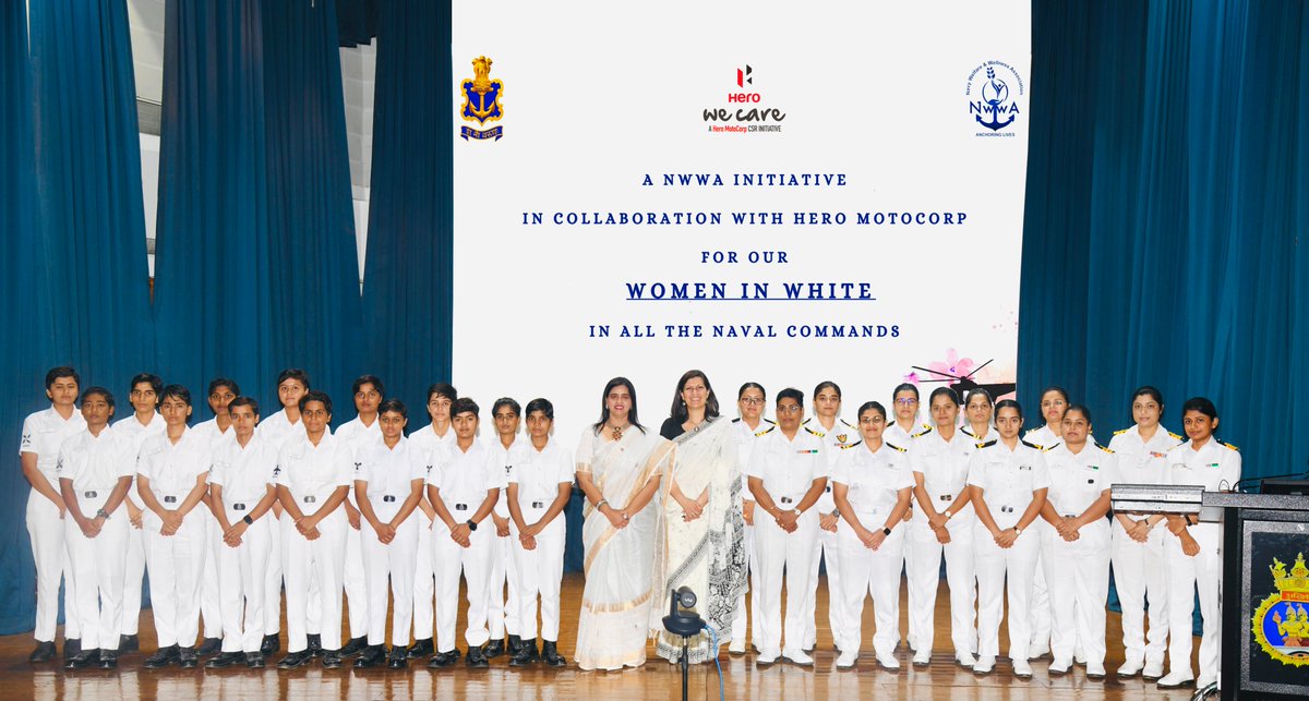 To promote menstrual hygiene awareness #NWWA & @HeroMotoCorp distributed #PeeSafe kits to Women Officers & #Agniveers across @indiannavy Commands on 09 Apr 24.Mrs Kala Hari Kumar,President NWWA & Mrs Zarine Singh,President NWWA(WR) led the 'Women in White' initiative at @IN_WNC .