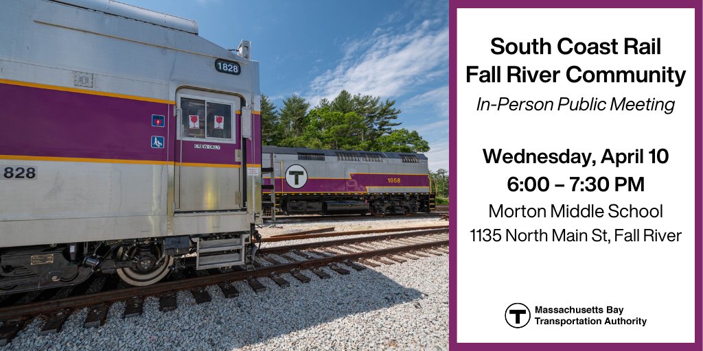 Tonight, we're hosting a Fall River community meeting for @mbta_cr #SouthCoastRail. Hear an update on Phase 1, testing simulated service, & project schedule. 🗓️April 10 ⏰6:00 PM 📍Morton Middle School - 1135 North Main St, Fall River ℹ️ow.ly/NnO450R3qmg #BuildingABetterT