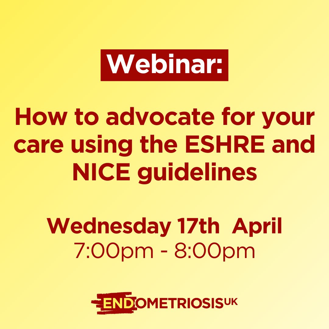 Join us for a free to attend webinar on how to advocate for your care using the ESHRE and NICE guidelines with Dr Christian Becker, Consultant Gynaecologist & Subspecialist in Reproductive Medicine and Lead Oxford BSGE Endometriosis Centre. Register at: endometriosis-uk.org/civicrm/event/…