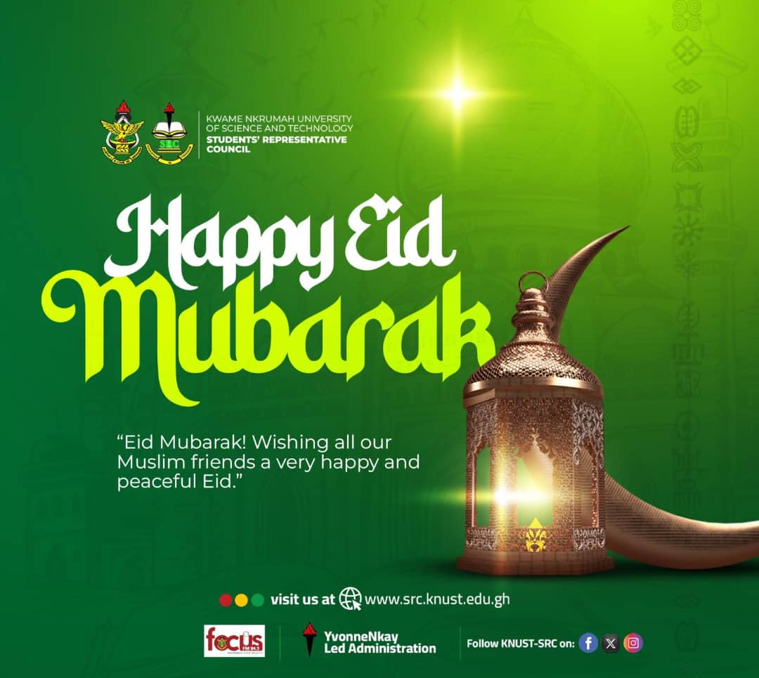 Eid Mubarak to all celebrating this joyous occasion! The KNUST SRC wishes you a blessed and memorable Eid filled with joy, gratitude, and endless blessings. May this Eid illuminate our lives with hope and prosperity. 🌙✨ #KNUSTSRC #WorkingForYou