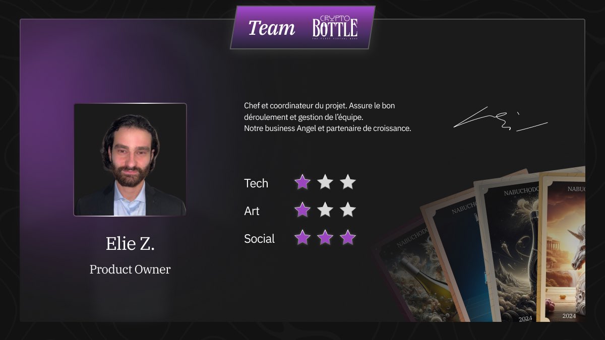 NFTCryptoBottle's tweet photo. Si nous vous présentions notre équipe?
Continuons avec Elie Zemmour
📈 ingénieur d’affaires et product owner data, Élie est à l’origine de la création du groupe de free-lances « la famiglia » qui comprend plusieurs éléments de l’équipe.
👥 aide les startups à rencontrer leurs futurs partenaires de croissance, et propose des solutions pour d’éventuelles levées de fonds, ainsi que pour le marketing.
😇 business angel, il est notre chef et coordinateur du projet.
🍷 Elie m’a été présenté par @ValentinChmara lors de nos nombreux échanges, et le feeling est passé très rapidement. Il sait se rendre disponible, efficace, organisé et anime les réunions d’équipe comme personne ! 🤓
👉 https://t.co/T0vbXn7vMe
👉🍷👈