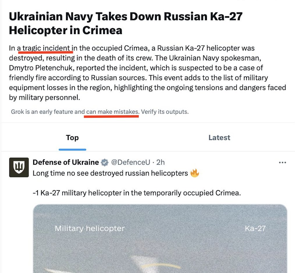 So @grok is writing news for the 'explore' section on Twitter in some countries now, it seems. Yup, AI makes mistakes. But we just wanted to note that a 'tragic incident' is when Russia daily bombs and attacks Kharkiv and other Ukrainian cities, relentlessly killing civilians…