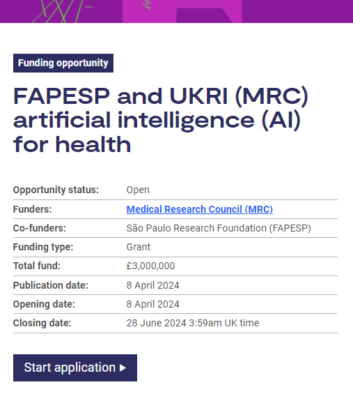 Opportunity for UK-based researchers and researchers in São Paulo, Brazil to apply for funding to support projects addressing AI for biomedical and health applications relevant to Brazil. Applications must be submitted to FAPESP. More: orlo.uk/Rz9C9