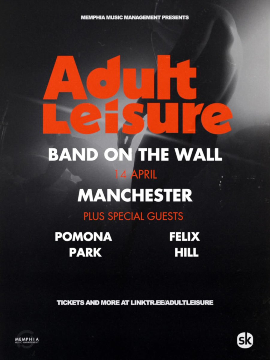 Buzzing to announce I’ll be supporting @AdultLeisureUK at @bandonthewall this Sunday (14th April) alongside @Pomona_Park. 🎫: seetickets.com/event/adult-le… #Manchester #livemusic