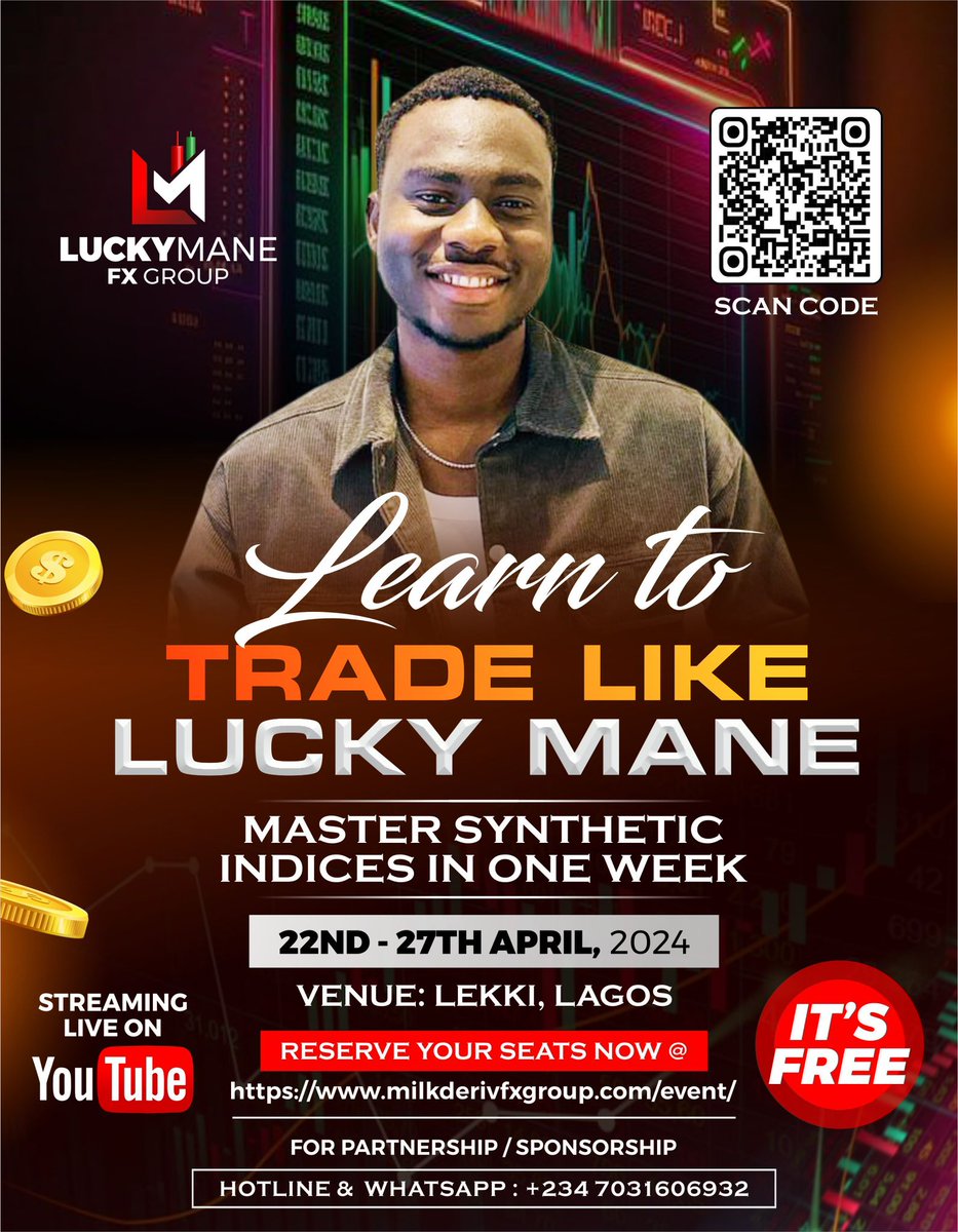 I Have made MILLIONS trading Forex ,particularly In Synthetic Indices . now , I’m Excited to share this valuable knowledge with you completely FREE OF CHARGE!!!!

Join me @milkderivfx in Lagos Nigeria , From April 22nd to 27th for an Unparalleled Forex Mastery Class . NO FEES