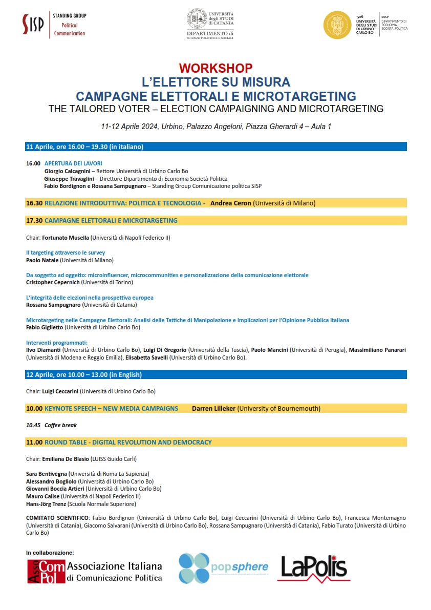 🎯📌WORKSHOP📌🎯
➡𝐋’𝐄𝐋𝐄𝐓𝐓𝐎𝐑𝐄 𝐒𝐔 𝐌𝐈𝐒𝐔𝐑𝐀- 
𝐂𝐀𝐌𝐏𝐀𝐆𝐍𝐄 𝐄𝐋𝐄𝐓𝐓𝐎𝐑𝐀𝐋𝐈 𝐄 𝐌𝐈𝐂𝐑𝐎𝐓𝐀𝐑𝐆𝐄𝐓𝐈𝐍𝐆
📆 11-12 Aprile 2024
⏩Urbino, Palazzo Angeloni – Aula 1
 ↘ Programma e interventi:
scienzepoliticheonline.org/index.php/news