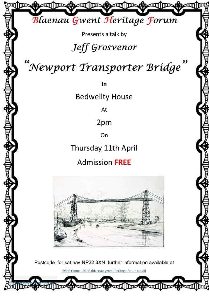 Join Blaenau Gwent Heritage Forum for their next FREE heritage talk at Bedwellty House: Newport Transporter Bridge - with guest speaker Jeff Grosvenor 📅 Thursday 11th April 🕙 2pm Entry is FREE - No booking necessary For more info please visit blaenau-gwent-heritage-forum.co.uk
