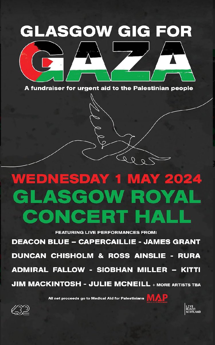 More than two million innocent people in Gaza are in need of urgent humanitarian aid. I’m honoured to have been asked to perform at this concert - all proceeds will go to Medical Aid for Palestinians 🕊️🇵🇸 Tickets on sale NOW !! tickets.glasgowlife.org.uk/33110/33111 map.org.uk