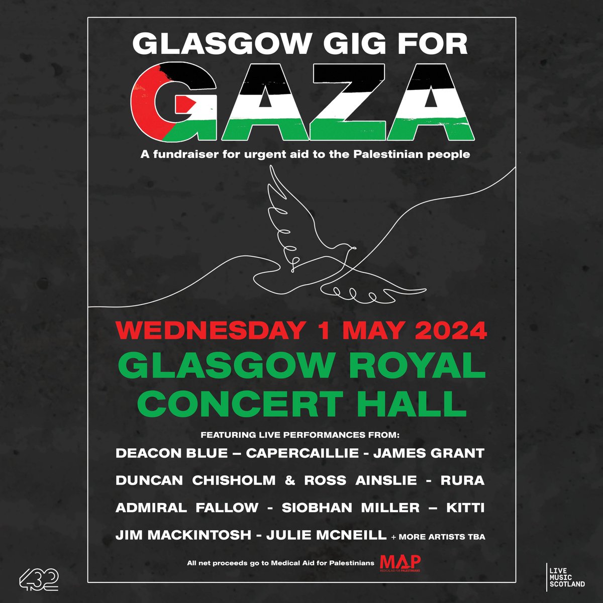 Deacon Blue will headline the Glasgow Gig for Gaza, a fundraiser supporting the charity @medicalaidpal, at the Glasgow Royal Concert Hall on Wednesday 1st May. Tickets are on sale now here: tickets.glasgowlife.org.uk/33110/33111. 🧵 1/4