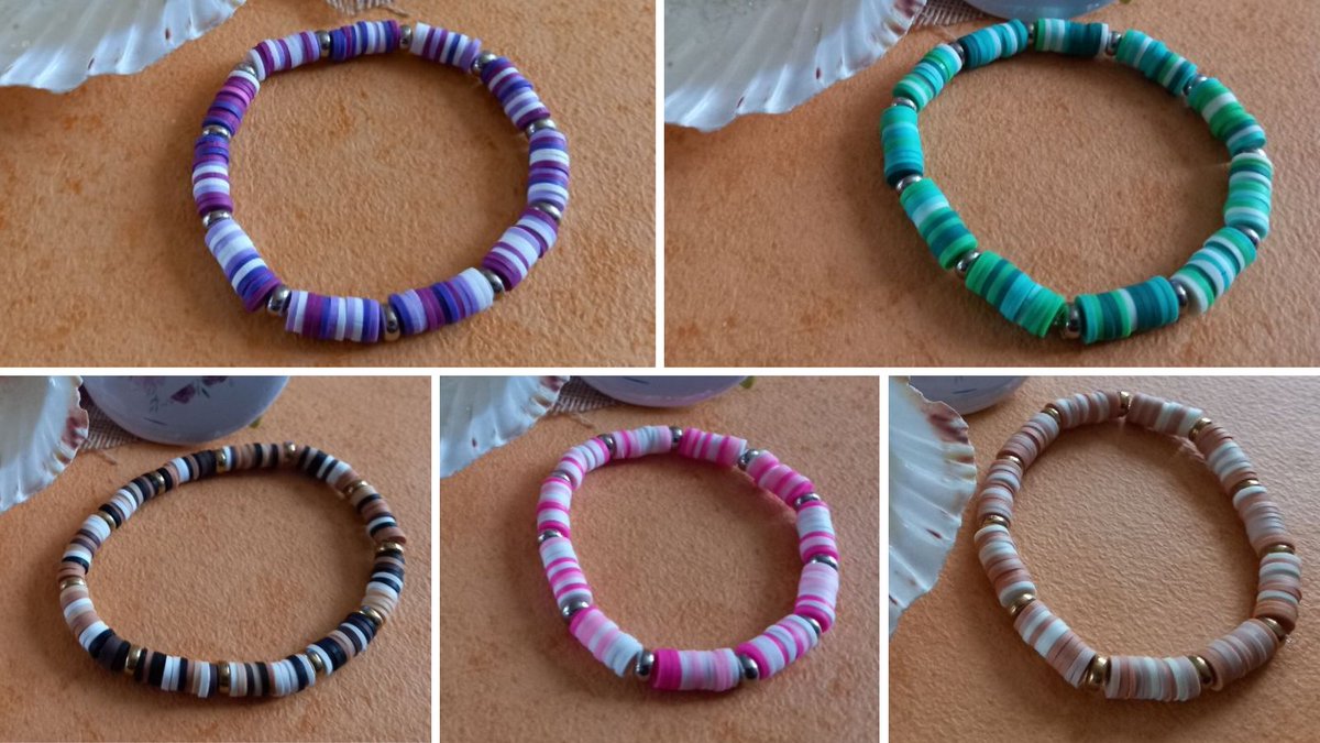 How fun and colourful are these fimo heishi disc bracelets! 💜

Which one do you prefer?
- Lilac Purple
- Spring Green
- Coffee
- Pink
- Beige

#SBS #HandmadeInUK #ShopIndie #CraftBizParty #UKMakers #RTUKSeller #UKGiftAm #UKGiftHour #ElevensesHour