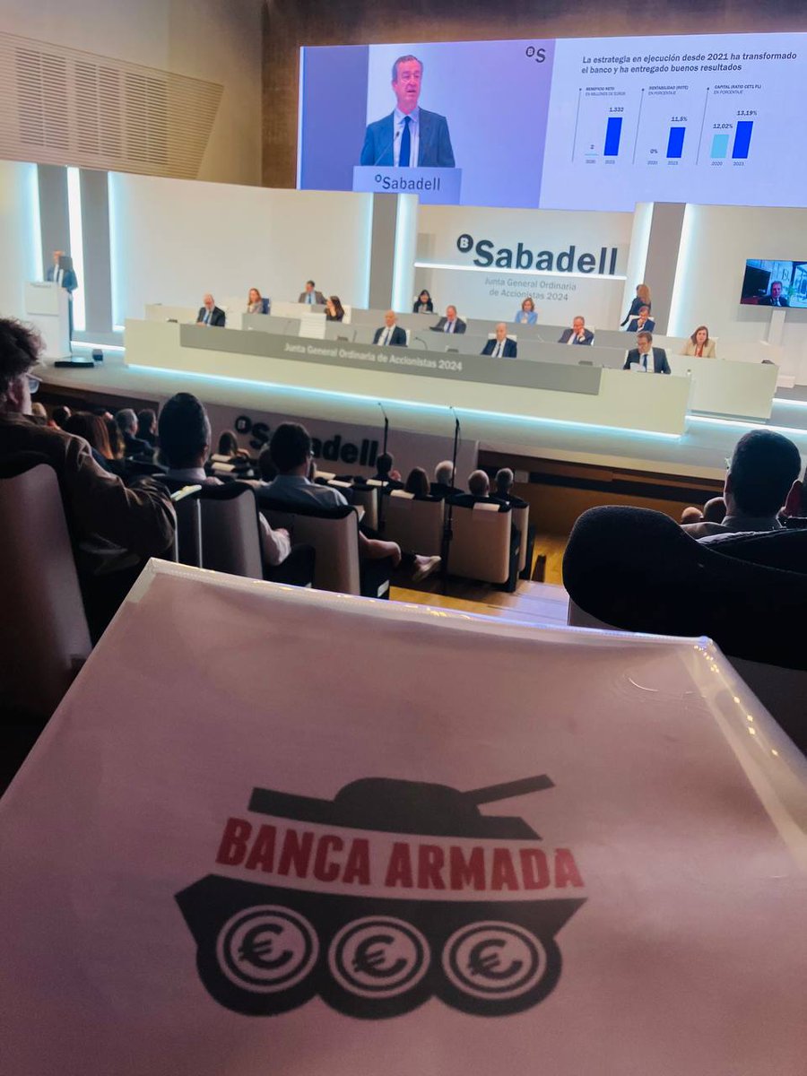 💪 Ja comença la Junta d’accionistes del <a href="/BancSabadell/">Banc Sabadell</a>! Esperem torn de paraula per denunciar les seves inversions en armes nuclears i militarització de fronteres.

🔊 Gràcies a la delegació de vot d’accionistes crítiques amb les seves polítiques d’inversió #NOBancaArmada