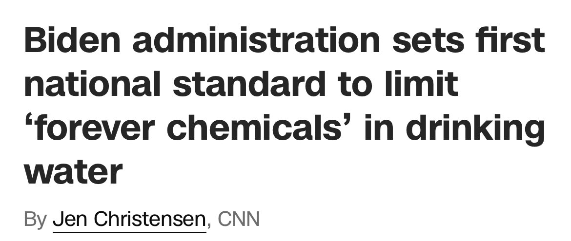 “The Biden administration finalized the first national standard to limit dangerous ‘forever chemicals’ found in nearly half the drinking water in the US. Some environmentalists called the new rule a ‘huge breakthrough’ and ‘historic’ change that can help protect human health.’”