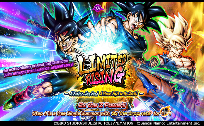 ['LIMITED RISING - A FATHER-SON BOND, A FIERCE FIGHT TO THE DEATH!' Returns!] LL Goku & Bardock is back! Get 2x the Z Power! 1 SP guaranteed on Step 3! Step 4 is a free Single Summon with 3x the drop rate for LL Goku & Bardock's Z Power! #DBLegends #100MillionUsers_SaiyanSaga