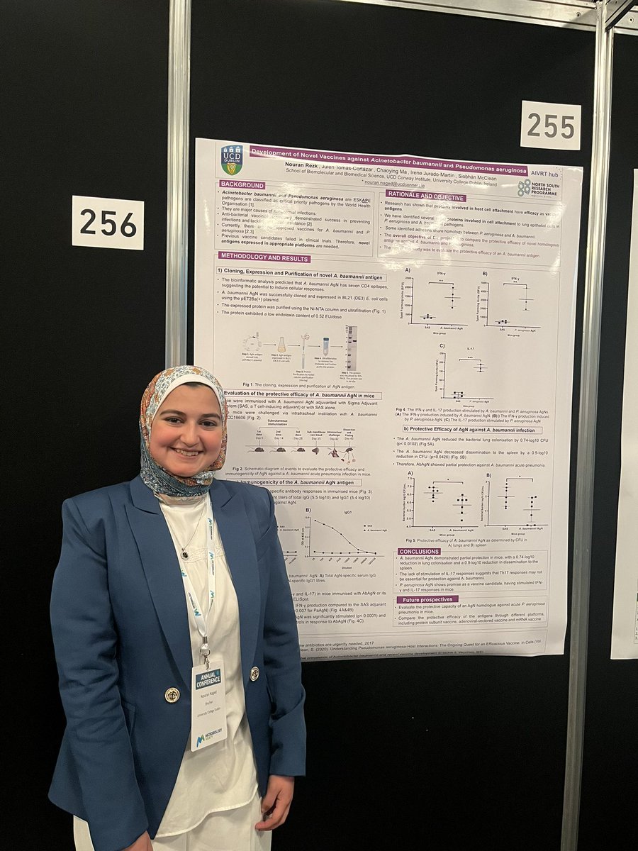 Check out @rezk_nouran’s poster at #Microbio24 today. Nouran is investigating vaccine antigens for ESKAPE pathogens A.baumannii & P.aeruginosa. She’s presenting her first posterbof her PhD on Eid. Eid Mubarak ! @hea_irl #NSRP funded @aivrt_hub